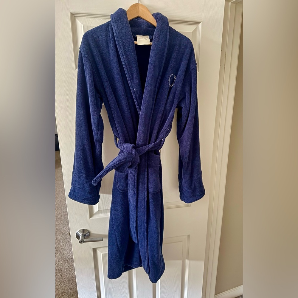 Pottery Barn Navy Blue Bathrobe with V initial